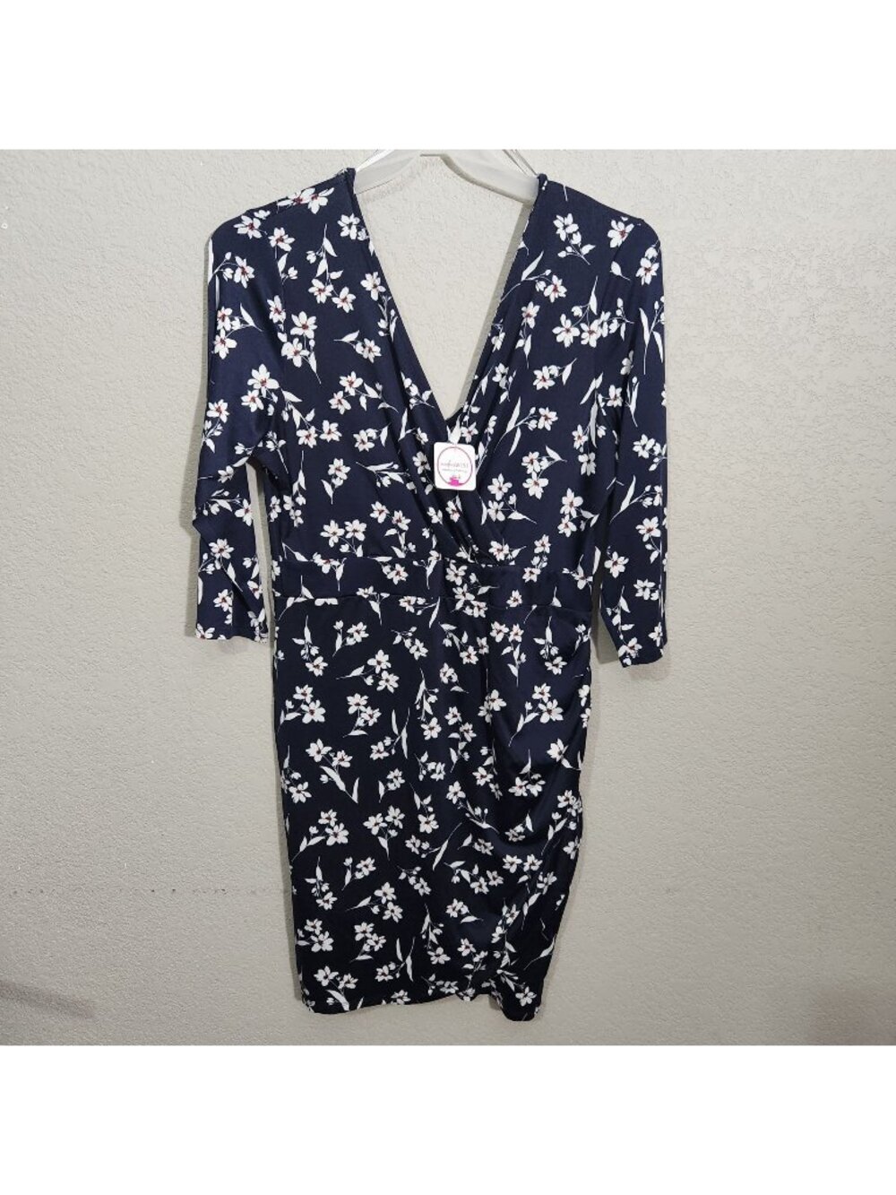 DNA Couture Dress Size 2X Floral Print Navy Blue Midi Wrap Dress 3/4 Sleeves